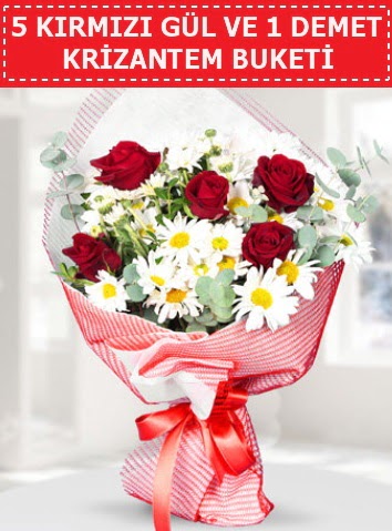 5 adet kırmızı gül ve krizantem buketi  Erzurum uluslararası çiçek gönderme 