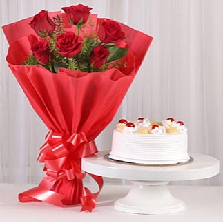 6 Kırmızı gül ve 4 kişilik yaş pasta  Erzurum 14 şubat sevgililer günü çiçek 